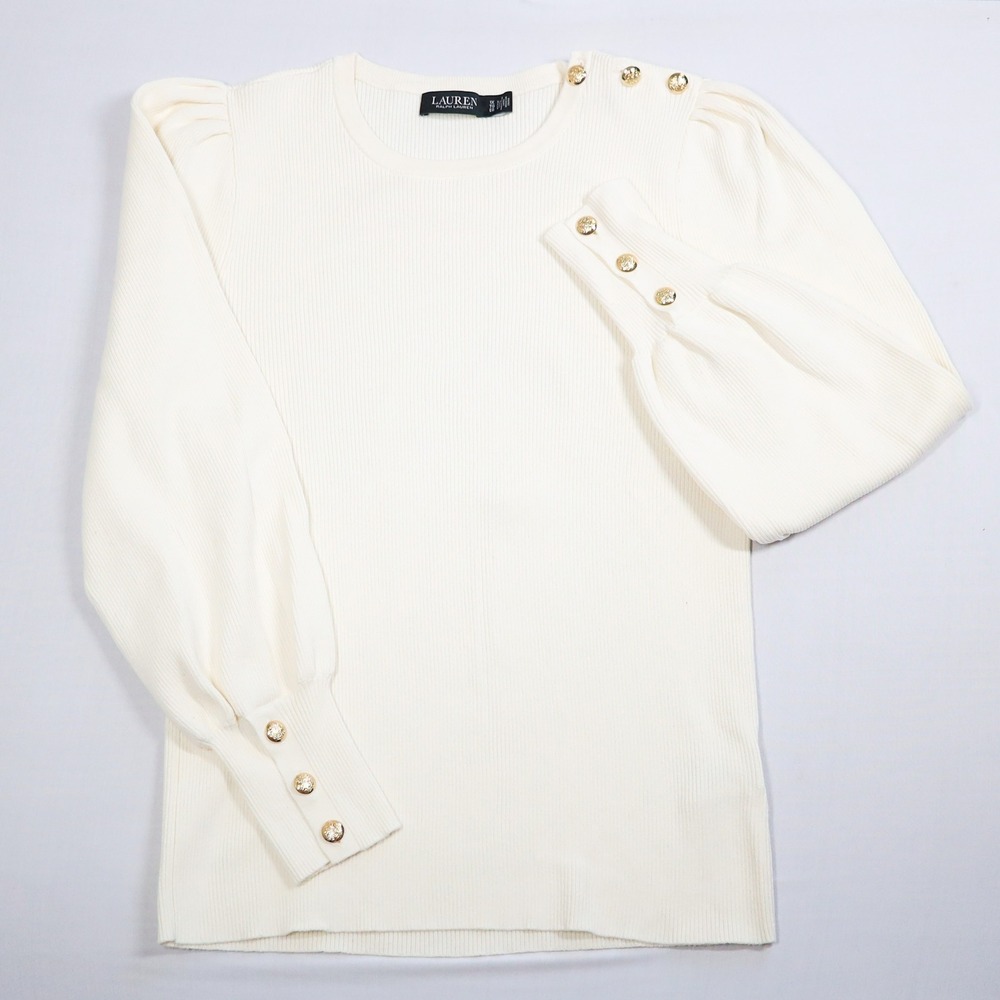 Lauren Ralph Lauren Pullover Women 1X Cream Ribbed Puff Sleeve Gold Button Top